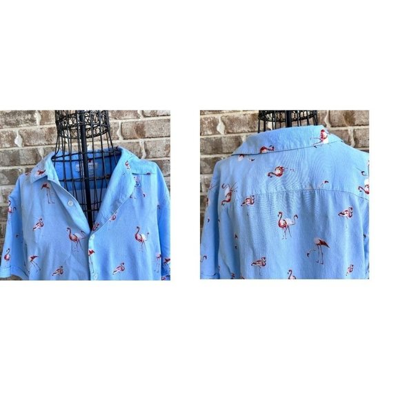 VTG Flamingo Shirt Medium Nickel Iron Blue Front Button Hawaiian Cruise … - Picture 7 of 12
